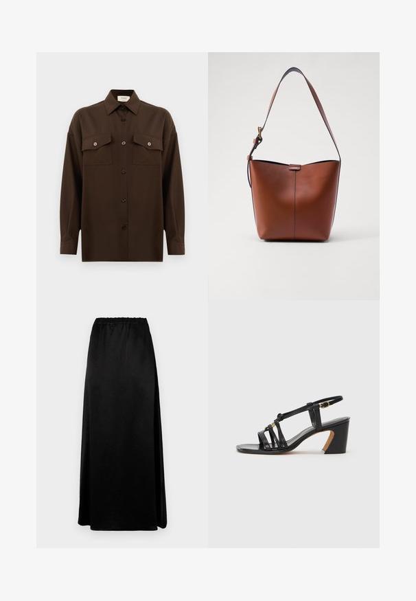 Dark brown long-sleeve button-up shirt with two flap chest pockets and a classic collar, displayed against a plain white background.; Long black skirt with a smooth, crinkled texture and an elastic waistband. Features a side slit for ease of movement and a sleek silhouette.; Paul Smith AMIRA - Classic heels - black; Brown leather shoulder bag with a curved shape, smooth texture, and a single thin strap. Features a subtle seam and a small logo detail.