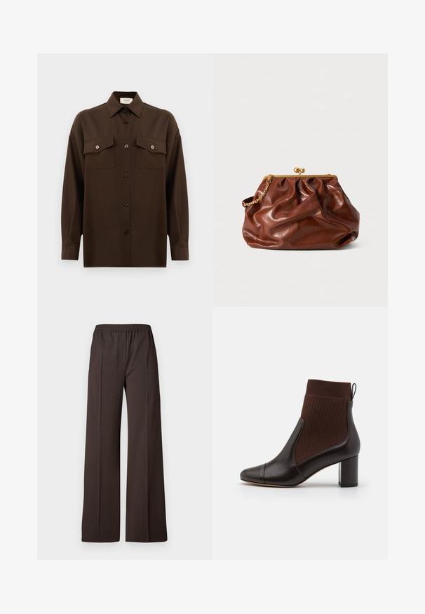 Tumepruun pikkade varrukatega nööbitav särk kahe klapp-taskuga rinnal ja klassikalise kraega, esitlemiseks lihtsa valge tausta ees.; Laiad sääred tumedast pruunist kangast püksid, elastse vöökohtaga, millel on sile tekstuur ja puhtad jooned, et saavutada kohandatud välimus.; Pruun nahast pahkluboot, millel on soonikkoes pruun sokk, terav nina ja tugev konts. Tagaküljel on tõmbeaas.; Pruun nahast kätš koos kullast sulgemise raami ja lühikese kullast ketiga, millel on pehme, kogutud tekstuur valgel taustal.