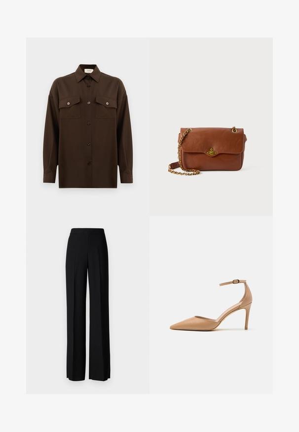 Tmavě hnědá košile s dlouhým rukávem a knoflíky, se dvěma kapsami na hrudi a klasickým límečkem, vystavená na čistém bílém pozadí.; Černé kalhoty s širokým střihem a hladkým povrchem, s vysokým pasem a středovými skladbami. Žádné viditelné vzory ani kovové detaily.; Stuart Weitzman STUART - Lodičky na vysokém podpatku - adobe; Hnědá kožená crossbody taška s klopovým zavíráním, zlatými kovovými detaily a řetízkovým popruhem. Hladká textura, obdélníkový tvar, minimální zdobení.