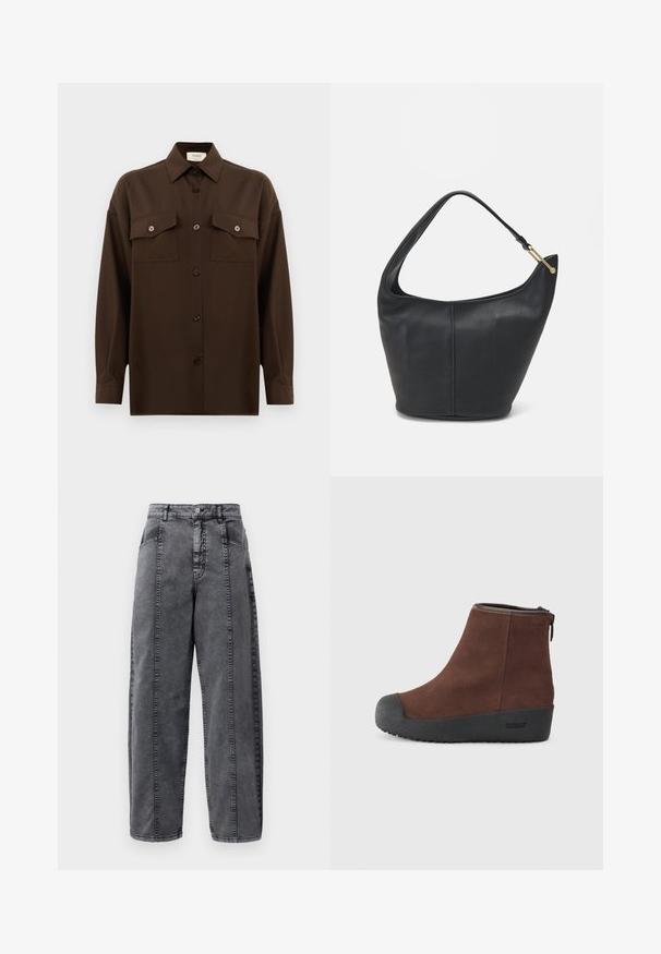 Ciemnobrązowa, długa koszula z guzikami, z dwiema kieszeniami na klatce piersiowej i klasycznym kołnierzykiem, zaprezentowana na jednolitym białym tle.; Spodnie dżinsowe w kolorze szaro-wyblekanym z wysokim stanem, z kieszeniami z przodu i z boku, z zapięciem na guzik oraz widocznymi pionowymi szwami.; Brązowe zamszowe botki za kostkę z zaokrąglonym noskiem, teksturowaną czarną gumową podeszwą i zamkiem błyskawicznym z boku. Subtelne logo na pięcie i blisko zamka.; Czarna skórzana torebka o okrągłym kształcie, z szerokim paskiem i teksturowanym wykończeniem. Posiada subtelny detal szwu i akcenty w odcieniu złota.