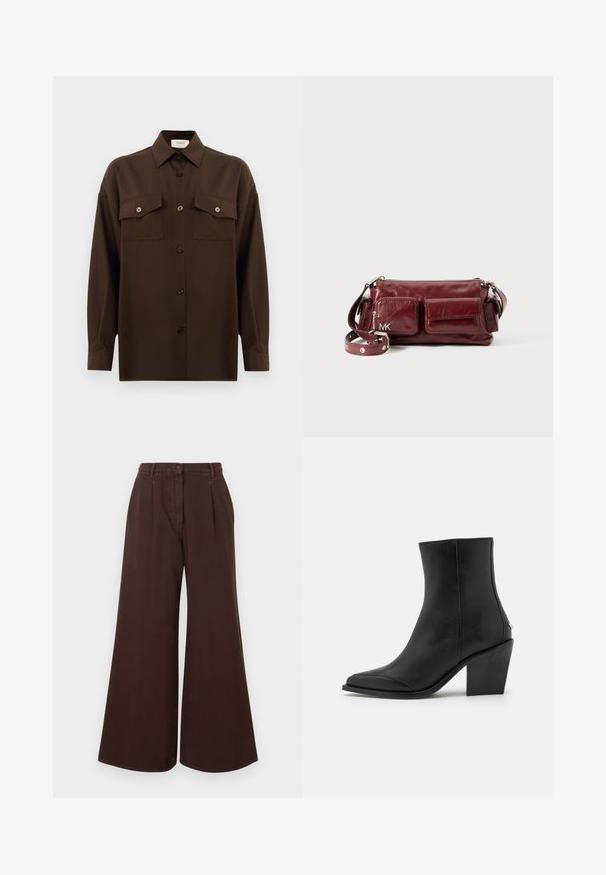 Tmavohnedá košeľa s dlhým rukávom, na gombíky, s dvoma vreckami na hrudi a klasickým golierom, umiestnená na jednoduchom bielom pozadí.; Hnedé nohavice so širokými nohavicami a vysokým pásom, so zapínaním na gombík a zips, pútkami na opasok a prednými skladmi.; Čierne kožené členkové topánky s špicatou špičkou, blokovým podpätkom a jemnými bočnými detailmi. Hladká textúra s minimalistickým dizajnom.; Burgundská kožená kabelka cez telo s dvoma prednými vreckami, striebornými prvkami, zipsovým uzáverom a nastaviteľným popruhom so cvočkami.