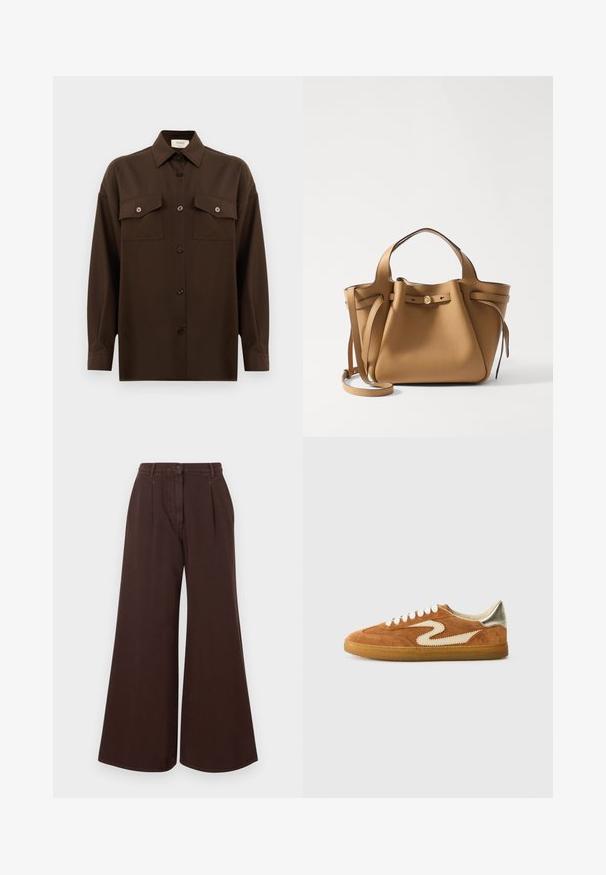 Tmavohnedá košeľa s dlhým rukávom, na gombíky, s dvoma vreckami na hrudi a klasickým golierom, umiestnená na jednoduchom bielom pozadí.; Hnedé nohavice so širokými nohavicami a vysokým pásom, so zapínaním na gombík a zips, pútkami na opasok a prednými skladmi.; Semišové tenisky v hnedej a krémovej farbe so zaujímavým cik-cak dizajnom, béžovými šnúrkami a gumovou podrážkou. Kovové akcenty na päte.; Tory Burch ROMY PEBBLED SATCHEL - Kabelka - tiramisu