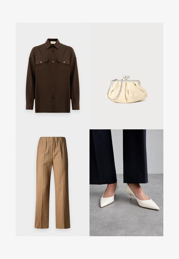 Dark brown long-sleeve button-up shirt with two flap chest pockets and a classic collar, displayed against a plain white background.; Brown, textured trousers with a relaxed fit, featuring a wide leg and an elastic waistband. Tailored design with front pleats.; Stuart Weitzman POWER - Classic heels - cream; Pleated beige leather clutch with a silver metal frame, featuring two round decorative clasps and a silver chain strap.