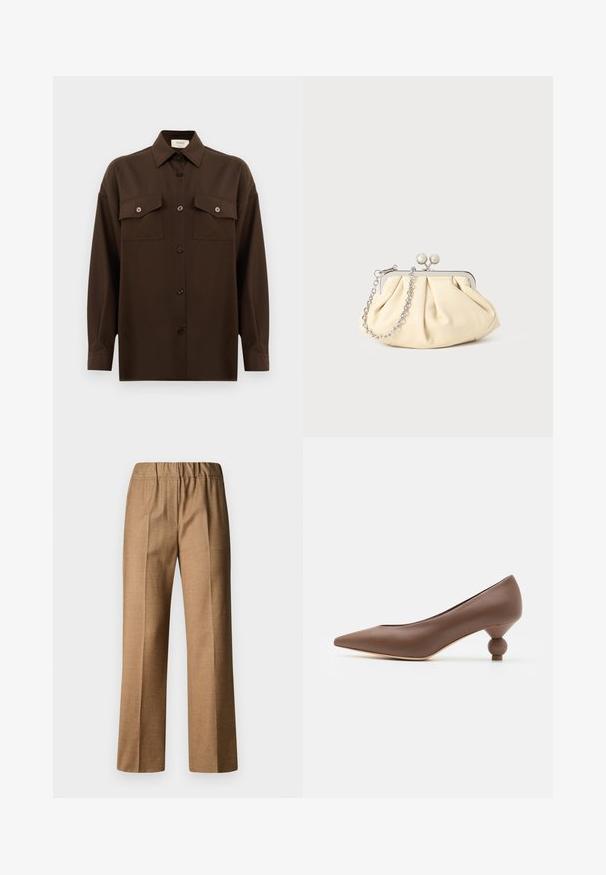 Temno rjav srajca z dolgimi rokavi na gumbe, z dvema žepoma na prsih in klasičnim ovratnikom, prikazana na enotni beli podlagi.; Rjavi, teksturirani hlače s sproščenim krojem, širokimi hlačnicami in elastičnim pasom. Oblikovane zložene hlače s sprednjimi naborki.; Rjava usnjena čevlja s koničastim nosom in edinstvenim zaobljenim krogličnim peto. Gladka tekstura, eleganten dizajn in minimalne podrobnosti.; Zavihani bež usnjeni nahrbtnik s srebrnim kovinskim okvirom, ki ima dve okrogli okrasni zaponki in srebrno verižico.