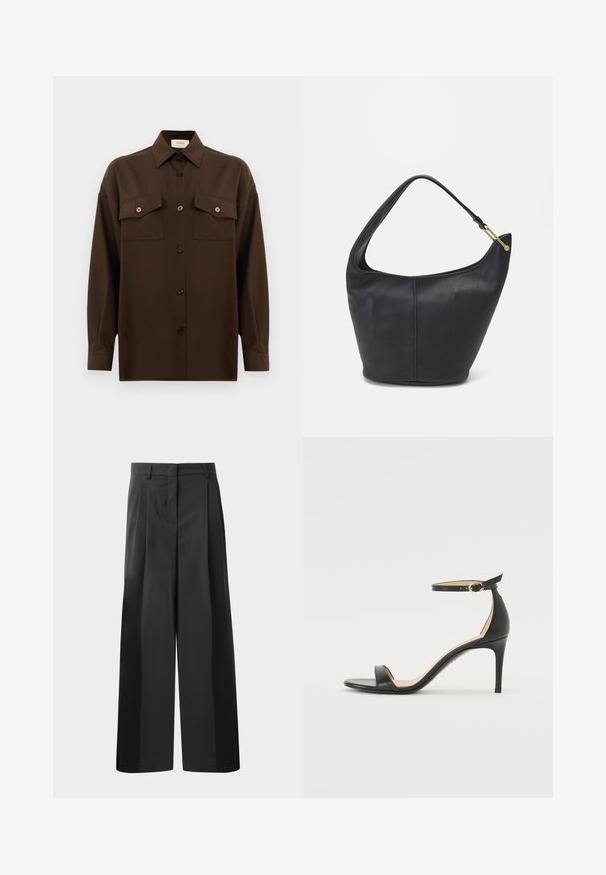 Dark brown long-sleeve button-up shirt with two flap chest pockets and a classic collar, displayed against a plain white background.; Black wide-leg trousers with a high waist, featuring front pleats, a smooth texture, and a tailored finish. Designed for a relaxed fit.; Black leather high-heeled sandal with an ankle strap. Features a smooth texture, open toe, and a thin heel. Gold-toned buckle detail.; Black leather handbag with a rounded shape, a wide strap, and a textured finish. Features a subtle seam detail and a gold-tone hardware accent.