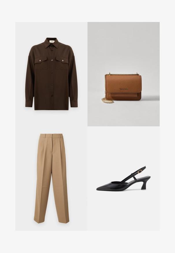 Chemise à manches longues brun foncé avec boutons, dotée de deux poches poitrine à rabat et d'un col classique, présentée sur un fond blanc uni.; Pantalons beige ajustés avec une taille haute, une devant plissé et une coupe évasée. Le tissu semble lisse avec un léger éclat.; Chaussure slingback en cuir noir avec un bout pointu, un petit talon et une sangle ajustable dotée d'un accent en anneau doré. Texture lisse et design minimaliste.; Sac en cuir texturé marron en bandoulière avec une sangle en chaîne dorée et une fermeture à rabat. L'avant présente un détail de logo et une poche sous le rabat.