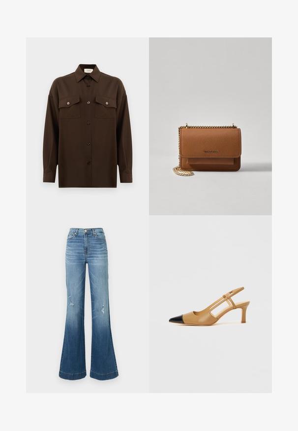 Dunkelbraunes Langarmhemd mit Knopfleiste, zwei Brusttaschen mit Klappe und klassischem Kragen, vor einem schlichten weißen Hintergrund präsentiert.; Blaue Denim Schlagjeans mit hoher Taille, sichtbaren Nähten und lädierten Details in der Nähe der Knie. Die Schläge weiten sich von den Knien bis zum Saum.; Beige Slingback-Absatzschuhe mit einer spitzen schwarzen Zehenkappe, ausgeschnittenen Seiten und einem mittelhohen Blockabsatz. Glattes Leder.; Braune strukturierte Ledertasche mit goldener Kettenriemen und Klappenverschluss. Die Vorderseite zeigt ein Logo-Detail und eine Tasche unter der Klappe.