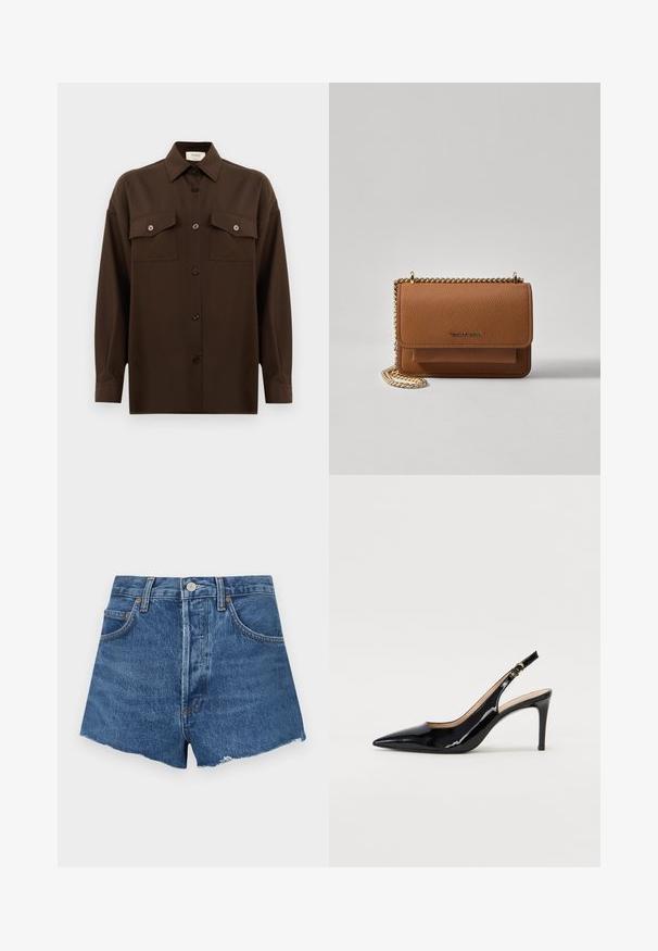Tmavě hnědá košile s dlouhým rukávem a knoflíky, se dvěma kapsami na hrudi a klasickým límečkem, vystavená na čistém bílém pozadí.; Džínové šortky ve středně modré barvě s roztrhaným lemem, které mají přední kapsy a knoflíkové zapínání. Těžká textura s mírným vyblednutím.; Černé lakované slingback lodičky s špičatou špičkou, úzkým podpatkem a jemným výřezem. Obsahují zlatou sponu na řemínku.; Hnědá texturovaná kožená kabelka přes rameno se zlatým řetízkovým popruhem a klopnovým uzavíráním. Přední strana obsahuje detail loga a kapsu pod klopou.