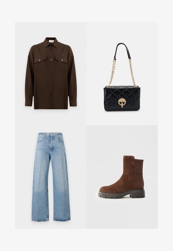 Tamno smeđa dugosleeve košulja s dugim rukavima i dugmadi, s dva džepa s preklopom na prsima i klasičnim ovratnikom, prikazana na jednostavnoj bijeloj pozadini.; Svijetloplave široke traperice izrađene od denima, s visokim strukom, prednjim džepovima i blagim izbljeđivanjem uz frizirane rubove.; Smeđi antilop čizme do gležnja s elastičnim bočnim panelima, okruglim vrhom i debelim gumenim đonom s teksturiranim uzorkom.; Crna prešivena kožna torba s zlatnim lančićem, koja ima kružnu kopču. Kompaktni pravokutni oblik s glatkom teksturom.