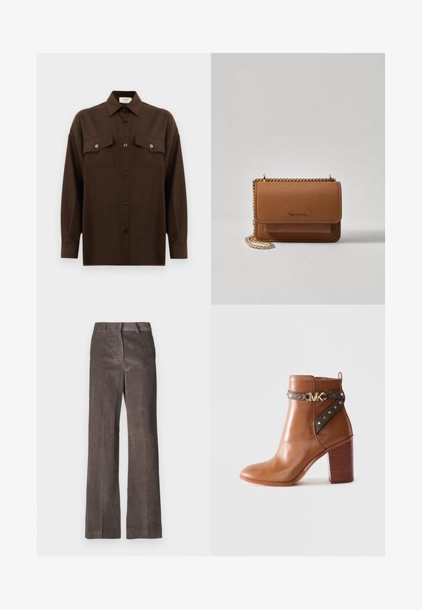 Tumši brūns garām piedurknēm pogājams krekls ar diviem kabatām uz krūtīm un klasisku apkakli, attēlots uz vienkārša baltā fona.; Brūnas korduroja bikses ar taisnām kājām, vertikālo ribu tekstūru un standarta jostasvietu ar jostu cilpiņām.; Brūni ādas potīšu zābaki ar uzkrātu bloku papēdi, sānu siksna ar zelta pīrsingiem un zelta "MK" logotipa sprādzi.; Brūna teksturēta ādas plecu soma ar zelta ķēdes siksnu un atloka aizdari. Priekšpusē ir logotipa detaļa un kabata zem atloka.