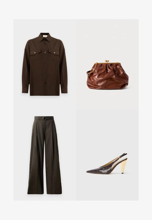 Tamno smeđa dugosleeve košulja s dugim rukavima i dugmadi, s dva džepa s preklopom na prsima i klasičnim ovratnikom, prikazana na jednostavnoj bijeloj pozadini.; Hlače visokog struka, širokih nogavica u tamnosmeđoj tkanini s glatkom teksturom. Imaju odgovarajući remen s okruglom kopčom i nabranim dizajnom.; Cipele s potpeticom i otvorenim stražnjim dijelom, u tamnosmeđoj sjajnoj umjetnoj koži krokodila. Sadrže zlatnu geometrijsku potpeticu i prilagodljivu naramenicu.; Smeđa kožna torbica s zlatnim okvirom i kratkom zlatnom lancem, koja se odlikuje mekanom, naboranom teksturom na bijeloj pozadini.