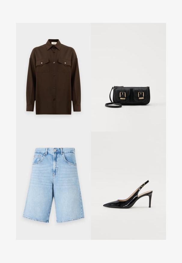 Sötétbarna, hosszú ujjú, gombos ing, két zsebével a mellén és klasszikus gallérral, egyszerű fehér háttér előtt bemutatva.; Világoskék farmer rövidnadrág magas derékkal, két elülső zsebbel, gombos zárással és egyenes, széles szárakkal. Enyhe koptatás az egész anyagon.; Fekete lakk bőr kötött magassarkú cipő, hegyes orral és karcsú sarokkal, finom kivágásos dizájnnal. Az övön arany csatt található.; Fekete bőr keresztbody táska két elülső zsebbel, arany csattokkal, cipzáras záródással és vékony pánttal. Textúrált felület és kompakt téglalap alak.
