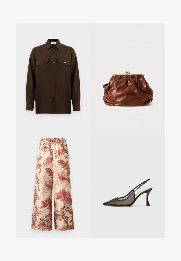 Tamno smeđa dugosleeve košulja s dugim rukavima i dugmadi, s dva džepa s preklopom na prsima i klasičnim ovratnikom, prikazana na jednostavnoj bijeloj pozadini.; Hlače širokih nogavica od svijetlog bež materijala, s cvjetnim uzorkom u nijansama ružičaste, crvene i plave boje, s elastičnom strukom.; Crne gležnjače s visokim potpeticama s dugim vrhom, mrežastim detaljima i glatkim kožnim vrhom. Boje uključuju crnu i bež naglaske.; Smeđa kožna torbica s zlatnim okvirom i kratkom zlatnom lancem, koja se odlikuje mekanom, naboranom teksturom na bijeloj pozadini.