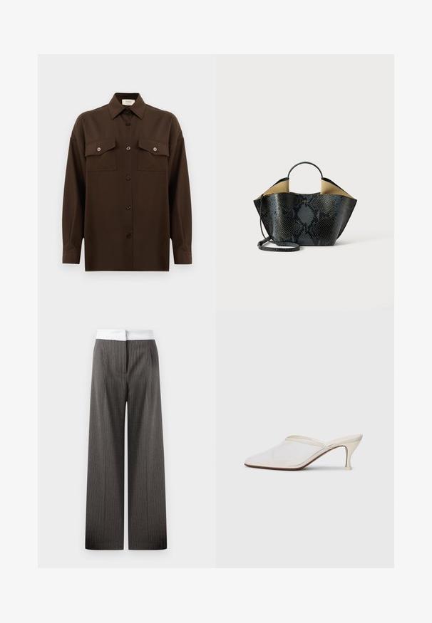 Tumepruun pikkade varrukatega nööbitav särk kahe klapp-taskuga rinnal ja klassikalise kraega, esitlemiseks lihtsa valge tausta ees.; Tumed hallid, laiad püksid vertikaalsete triipudega. Vöökoht on valge ja elastne, luues kontrastse detaili.; Valge võrkmaterjalist teravatoa mulli king, millel on peen keskmise kõrgusega konts ja libisev disain, tühjal taustal.; Must mustriga mustrist külgedega musta ja halli värvi nahk, millel on struktureeritud disain, kahekordsed käepidemed ja reguleeritav õlarihm. Omab beeži sisemust.