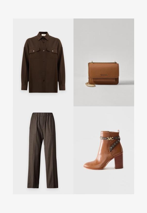 Camisa de botões de manga longa castanho-escuro, com dois bolsos de aba no peito e um colarinho clássico, apresentada contra um fundo branco liso.; Calças de tecido castanho xadrez com cintura elástica, design de perna reta e bolsos laterais. Superfície texturizada com um padrão subtil.; Bota de tornozelo em couro castanho com salto bloco empilhado, tira lateral com studs dourados e fivela com o logotipo "MK" dourado.; Bolsa crossbody de couro texturizado castanho com alça de corrente dourada e fecho com aba. A parte da frente apresenta detalhe do logótipo e um bolso sob a aba.