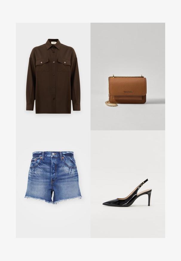 Camicia marrone scuro a maniche lunghe con bottoni, dotata di due tasche a pattina sul petto e colletto classico, mostrata su uno sfondo bianco uniforme.; RE/DONE LOW SLUNG - Shorts di jeans - lightning; Pumps slingback in pelle verniciata nera con punta affilata, tacco sottile e un design con ritagli delicati. Caratterizzate da una fibbia dorata sul cinturino.; Borsa a tracolla in pelle marrone con texture, dotata di catena dorata e chiusura a pattina. Sul davanti presenta un dettaglio con logo e una tasca sotto la pattina.