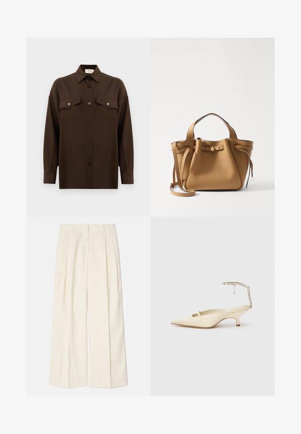 Sötétbarna, hosszú ujjú, gombos ing, két zsebével a mellén és klasszikus gallérral, egyszerű fehér háttér előtt bemutatva.; Széles lábú nadrág puha, világos krémszínű anyagból. Elöl plissékkel, övhurkokkal és sima felülettel rendelkezik. Elegáns szabás, letisztult megjelenés.; Krém színű, hegyes orrú, slingback sarkú cipő vékony elülső pánttal és ékszerekkel díszített bokapánttal fehér háttérrel.; Tory Burch ROMY PEBBLED SATCHEL - Kézitáska - tiramisu