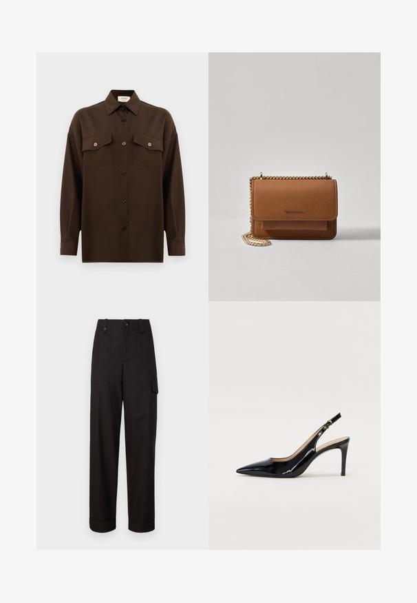 Temno rjav srajca z dolgimi rokavi na gumbe, z dvema žepoma na prsih in klasičnim ovratnikom, prikazana na enotni beli podlagi.; Črne bombažne cargo hlače s ravnim krojem, ki vključujejo dva stranska žepa in zavihke pri koncu hlačnic. Spredaj z zapiranjem na gumb in zadrgo.; Črne lakirane slingback čevlje z izostrenim nosom, ozkim peto in subtilnim izrezom. Na traku je zlata sponka.; Rjava teksturirana usnjena torba čez ramo z zlatim verižnim trakom in zapiranjem na pokrov. Spredaj je vidna podrobnost logotipa in žep pod pokrovom.