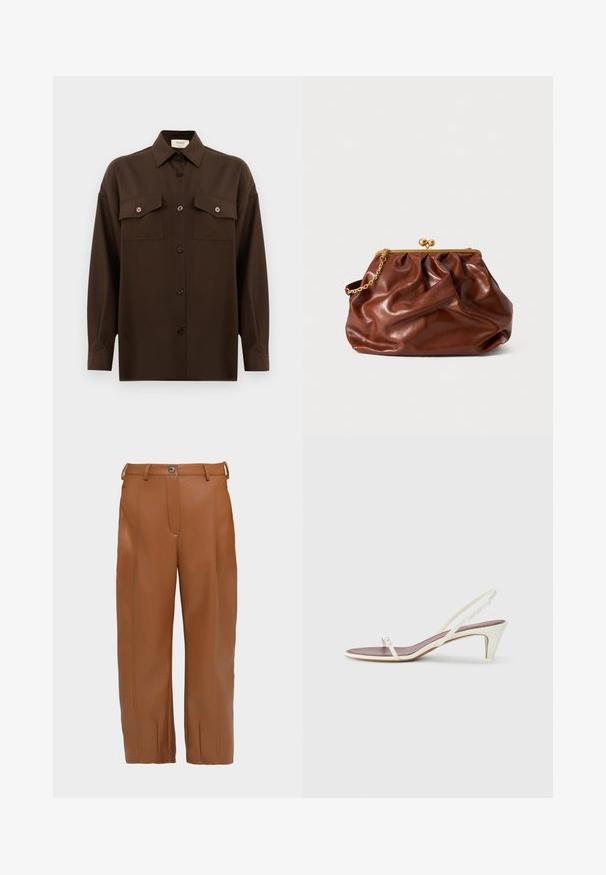 Camisa de manga larga de color marrón oscuro con botones, dos bolsillos en el pecho con solapa y un cuello clásico, exhibida contra un fondo blanco liso.; Pantalones de imitación de cuero marrón con corte recto, detalles de costura en la parte frontal, dos pasadores de cinturón y un cierre de botón en la cintura.; Sandalias blancas de goma con un ligero tacón, tiras delgadas y una textura de cuero suave; cuentan con una pequeña hebilla decorativa.; Bolso de mano de cuero marrón con cierre de marco dorado y una corta cadena dorada, que presenta una suave textura arrugada sobre un fondo blanco.