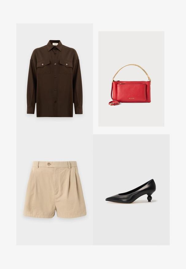 Camisa de manga larga de color marrón oscuro con botones, dos bolsillos en el pecho con solapa y un cuello clásico, exhibida contra un fondo blanco liso.; Filippa K HIGH WAIST PLEATED - Shorts - beige; Zapato de tacón alto de cuero negro con puntera afilada y un tacón redondeado y abombado. Textura suave con un diseño elegante y minimalista.; Bolso de mano de cuero rojo con un acabado texturizado, cadena y correa doradas, bolsillo con cremallera en la parte frontal y logotipo en relieve. Diseño compacto y estructurado.