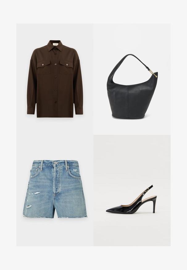 Tmavě hnědá košile s dlouhým rukávem a knoflíky, se dvěma kapsami na hrudi a klasickým límečkem, vystavená na čistém bílém pozadí.; Světle modré denimové šortky s třepícími se okraji, opotřebenými detaily, tradičním pětipocketským designem a zapínáním na předním knoflíku a zip.; Černé lakované slingback lodičky s špičatou špičkou, úzkým podpatkem a jemným výřezem. Obsahují zlatou sponu na řemínku.; Černá kožená kabelka zaobleného tvaru, s širokým popruhem a texturovaným povrchem. Obsahuje jemné švy a akcenty ve zlatém tónu.