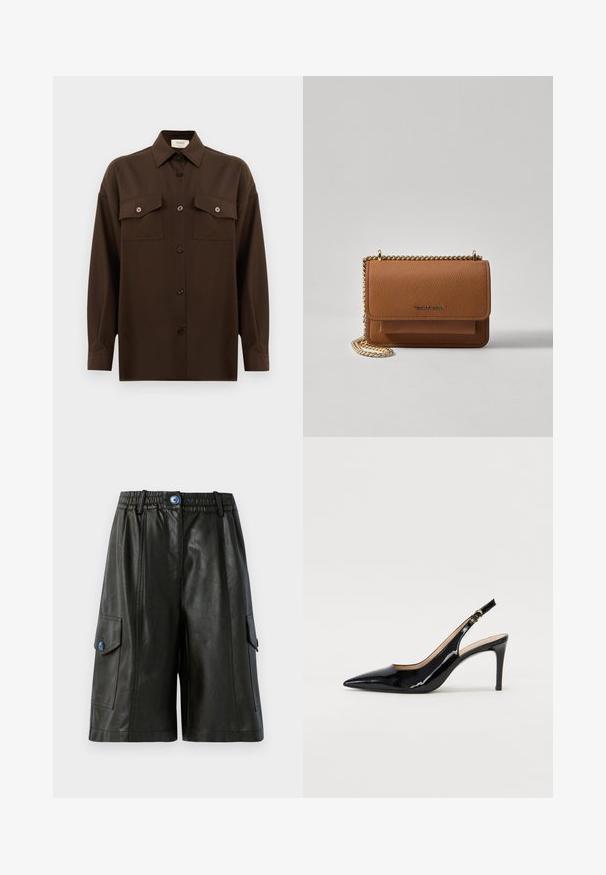 Sötétbarna, hosszú ujjú, gombos ing, két zsebével a mellén és klasszikus gallérral, egyszerű fehér háttér előtt bemutatva.; Fekete bőr cargo sort elasztikus derékkal, két oldalzsebbel, elülső cipzárral és kék gombos díszítéssel.; Fekete lakk bőr kötött magassarkú cipő, hegyes orral és karcsú sarokkal, finom kivágásos dizájnnal. Az övön arany csatt található.; Barna textúrájú bőr keresztbody táska arany lánc pánttal és fedélzárral. Az elején logó részlet és egy zseb található a fedél alatt.