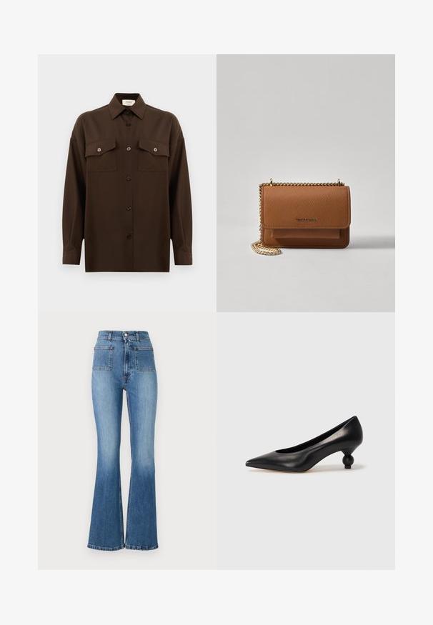 Dark brown long-sleeve button-up shirt with two flap chest pockets and a classic collar, displayed against a plain white background.; Flared blue denim jeans with a high waist, featuring two back pockets and a faded wash. Hem is stitched with a subtle design.; Black leather high heel shoe with a pointed toe and a round, balled heel. Smooth texture with a sleek, minimal design.; Brown textured leather crossbody bag with gold chain strap and flap closure. Front features logo detail and a pocket under the flap.