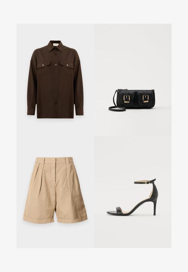 Dunkelbraunes Langarmhemd mit Knopfleiste, zwei Brusttaschen mit Klappe und klassischem Kragen, vor einem schlichten weißen Hintergrund präsentiert.; Beige Leinen-Shorts mit hoher Taille, zwei vorderen Falten und umgeschlagenen Säumen. Glatte Textur mit maßgeschneidertem Design.; Schwarze Leder-high-heeled Sandale mit Knöchelriemen. Verfügt über eine glatte Textur, offene Zehen und einen dünnen Absatz. Goldfarbener Schnallenakzent.; Schwarze Leder-Umhängetasche mit zwei vorderen Taschen, goldenen Schnallen, Reißverschluss und einem schmalen Tragegurt. Texturierte Oberfläche und kompakte rechteckige Form.
