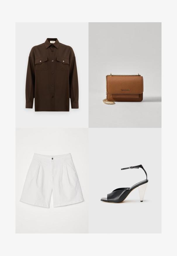 Temno rjav srajca z dolgimi rokavi na gumbe, z dvema žepoma na prsih in klasičnim ovratnikom, prikazana na enotni beli podlagi.; Beli denim kratke hlače s nabrano sprednjo zasnovo, z bočnima žepoma in enim črnim gumbom za zapiranje na pasu.; Črne usnjene sandale s peto, odprto toe, asimetričnim dizajnom, zaponko okoli gležnja in kovinsko stožčasto peto. Gladka tekstura po celotni površini.; Rjava teksturirana usnjena torba čez ramo z zlatim verižnim trakom in zapiranjem na pokrov. Spredaj je vidna podrobnost logotipa in žep pod pokrovom.