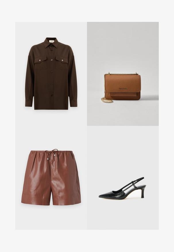 Sötétbarna, hosszú ujjú, gombos ing, két zsebével a mellén és klasszikus gallérral, egyszerű fehér háttér előtt bemutatva.; Barna bőr rövidnadrág fényes felülettel, rugalmas derékkal és állítható, fémes részletekkel ellátott megkötővel. Simább textúrájú és igényesen szabott kivitel.; Fekete lakk slingback sarok, hegyes orral, texturált kígyómintával, állítható pánttal és rövid, texturált tömbsarkal.; Barna textúrájú bőr keresztbody táska arany lánc pánttal és fedélzárral. Az elején logó részlet és egy zseb található a fedél alatt.