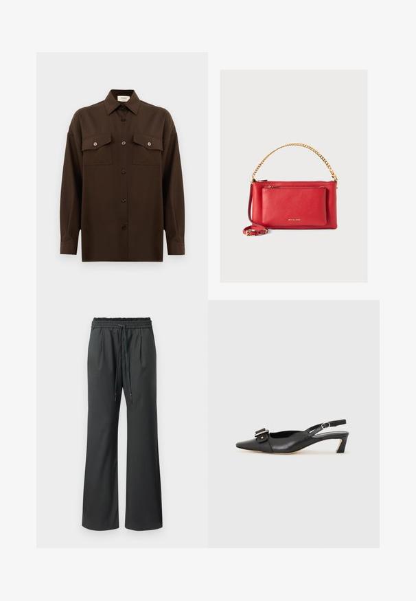 Tamno smeđa dugosleeve košulja s dugim rukavima i dugmadi, s dva džepa s preklopom na prsima i klasičnim ovratnikom, prikazana na jednostavnoj bijeloj pozadini.; Crne hlače širokih nogavica s elastičnom kragnom i dugim vezicama, prikazane na čistoj bijeloj pozadini.; Crne kožne sandale s remenčićem i šiljastim vrhom, malim potpeticama i dekorativnom kopčom na gornjem dijelu. Glatka tekstura, minimalistički dizajn.; Crvena kožna torba s teksturiranom površinom, zlatnom lancem i remenom, prednjim džepom na zatvarač i utisnutim logom. Kompaktni i strukturirani dizajn.