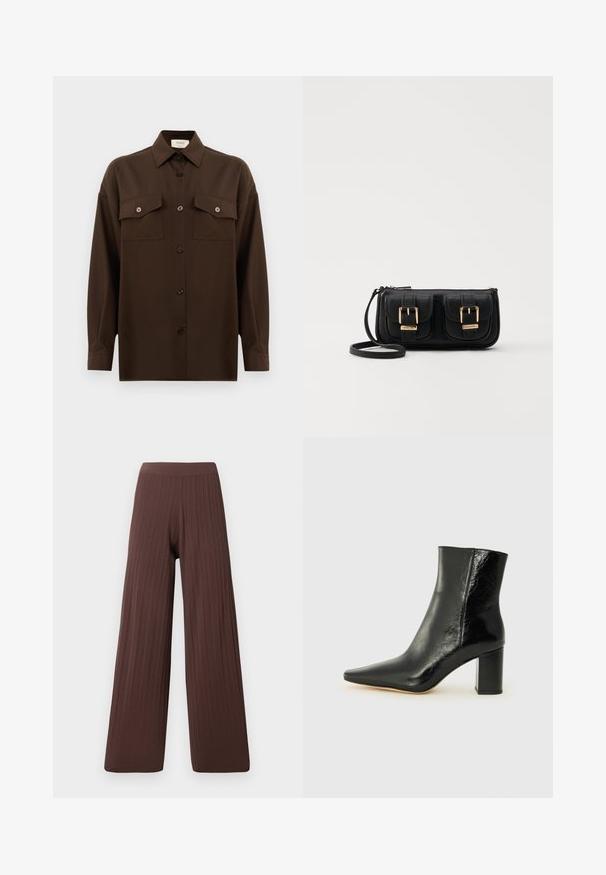 Dark brown long-sleeve button-up shirt with two flap chest pockets and a classic collar, displayed against a plain white background.; Wide-leg pants in dark brown ribbed fabric, featuring a high waistband and flowing silhouette, emphasizing texture and volume.; Black ankle boot made of glossy leather with a pointed toe and a chunky, square heel. Features a smooth texture and minimalistic design.; Black leather crossbody bag with two front pockets, gold buckles, zipper closure, and a slim strap. Textured surface and compact rectangular shape.