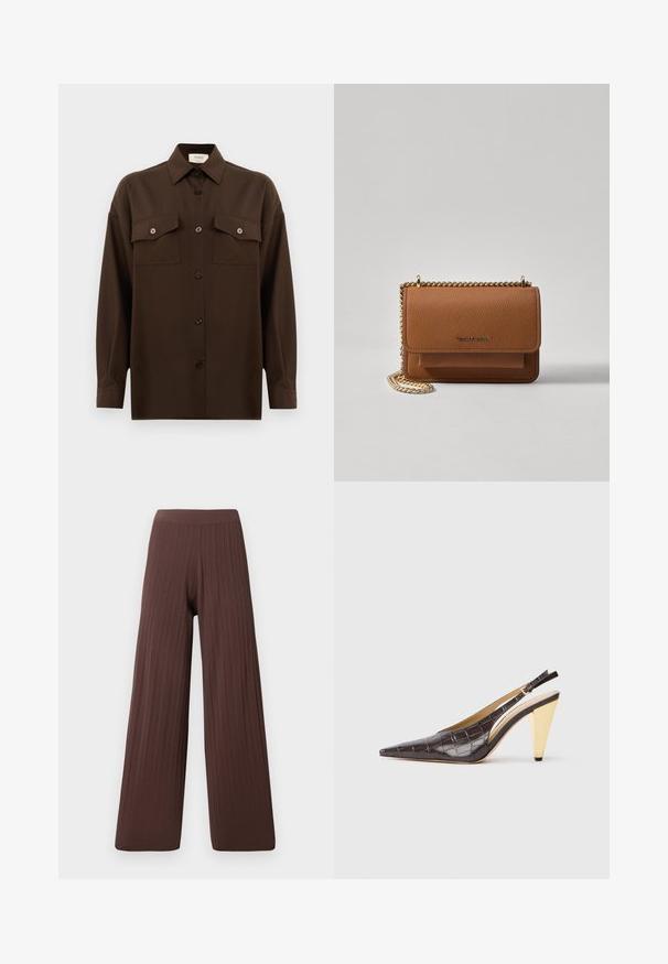 Dark brown long-sleeve button-up shirt with two flap chest pockets and a classic collar, displayed against a plain white background.; Wide-leg pants in dark brown ribbed fabric, featuring a high waistband and flowing silhouette, emphasizing texture and volume.; Pointed-toe slingback heel in dark brown glossy faux crocodile leather. Features a gold-tone geometric heel and adjustable ankle strap.; Brown textured leather crossbody bag with gold chain strap and flap closure. Front features logo detail and a pocket under the flap.