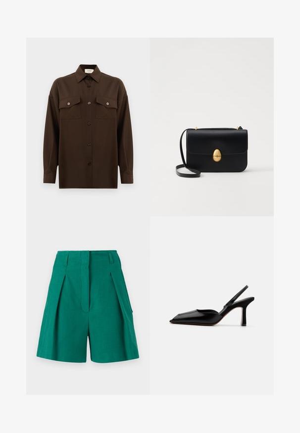 Tumši brūns garām piedurknēm pogājams krekls ar diviem kabatām uz krūtīm un klasisku apkakli, attēlots uz vienkārša baltā fona.; Zaļas bikses, kurām ir teksturēta auduma, ar krokām un sānu kabatām. Dizains ir veidots ar augstu jostu un taisnu griezumu.; Melnas ādas slingback kurpes ar norādītu purngalu, minimālisma dizainu, plānu potītes jostu un elegantām stiletto papēžiem. Gluda tekstūra.; Melnas ādas rokassomu ar strukturētu taisnstūra formu. Iespējas zelta ovāla slēdzis un plāns plecu siksna. Gluda tekstūra.