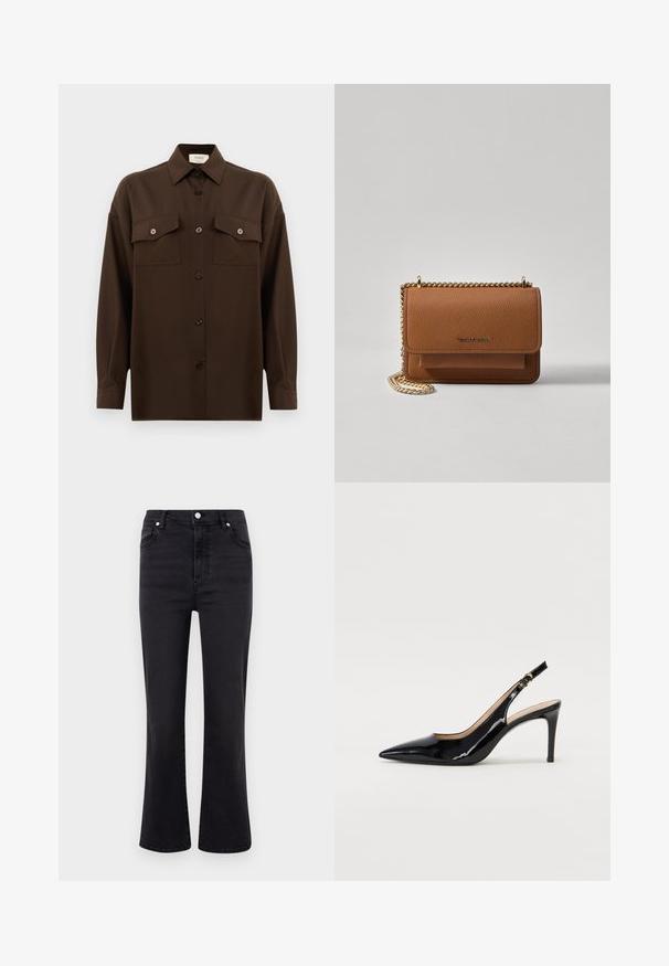 Camicia marrone scuro a maniche lunghe con bottoni, dotata di due tasche a pattina sul petto e colletto classico, mostrata su uno sfondo bianco uniforme.; Jeans neri a campana con vita alta, realizzati in denim. Presentano tasche frontali, chiusura con bottone e una trama liscia.; Pumps slingback in pelle verniciata nera con punta affilata, tacco sottile e un design con ritagli delicati. Caratterizzate da una fibbia dorata sul cinturino.; Borsa a tracolla in pelle marrone con texture, dotata di catena dorata e chiusura a pattina. Sul davanti presenta un dettaglio con logo e una tasca sotto la pattina.
