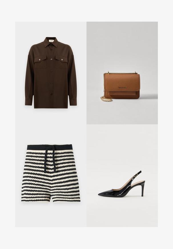 Ciemnobrązowa, długa koszula z guzikami, z dwiema kieszeniami na klatce piersiowej i klasycznym kołnierzykiem, zaprezentowana na jednolitym białym tle.; CLOSED - Szorty; Czarne lakierowane szpilki typu slingback z szpiczastym noskiem, smukłym obcasem i subtelnym wycięciem. Posiadają złotą klamrę na pasku.; Brązowa skórzana torba na ramię z teksturą, z złotym łańcuszkiem i zapięciem na klapkę. Z przodu znajduje się detal z logo oraz kieszeń pod klapką.