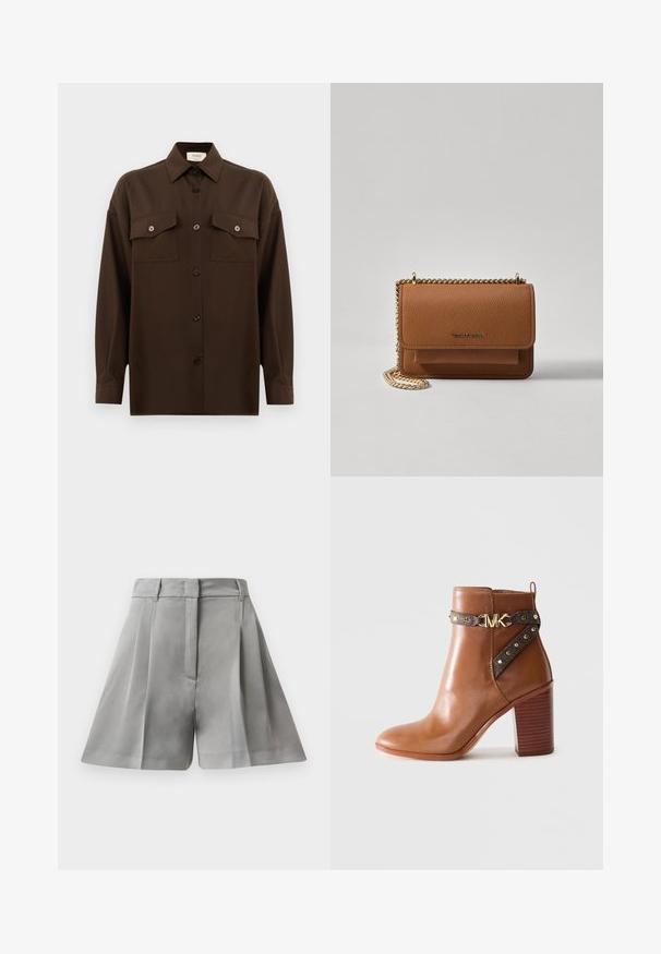 Camisa de botões de manga longa castanho-escuro, com dois bolsos de aba no peito e um colarinho clássico, apresentada contra um fundo branco liso.; Saias cinzentas plissadas feitas de tecido suave, com destaque para a cintura alta, bolsos frontais e design ajustado com linhas limpas.; Bota de tornozelo em couro castanho com salto bloco empilhado, tira lateral com studs dourados e fivela com o logotipo "MK" dourado.; Bolsa crossbody de couro texturizado castanho com alça de corrente dourada e fecho com aba. A parte da frente apresenta detalhe do logótipo e um bolso sob a aba.