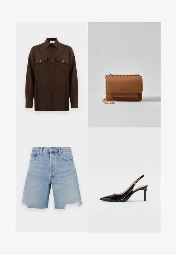 Tumepruun pikkade varrukatega nööbitav särk kahe klapp-taskuga rinnal ja klassikalise kraega, esitlemiseks lihtsa valge tausta ees.; Heledad sinine denimist šortsid kõrge vöökoht, franjeäärtega, kahe esipocket'iga ja klassikalise viie-tasku disainiga.; Must hõbedavärvi patendiga slingback kontsakingad terava varbaga, kitsas konts ja peene lõikega disain. Statistika on kuldne pandla rihmal.; Pruun tekstureeritud nahk ristkeha kott kuldse ahelaga rihmaga ja klapiga sulgemine. Esiküljel on logo detail ja tasku klapi all.