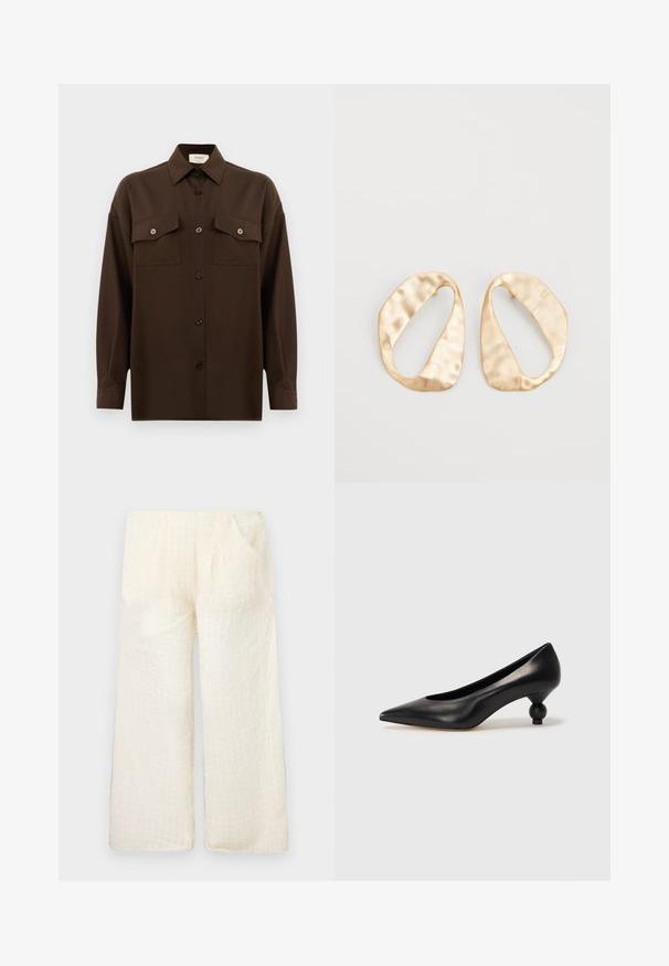 Tmavohnedá košeľa s dlhým rukávom, na gombíky, s dvoma vreckami na hrudi a klasickým golierom, umiestnená na jednoduchom bielom pozadí.; Ľahké, krémové nohavice s širokými nohavicami a textúrovaným mriežkovým vzorom, s dvoma bočnými vreckami, ktoré majú uvoľnený strih a mäkkú tkaninu.; Čierna kožená vysoká topánka na podpätku s ostrým špičkou a okrúhlym, guľatým podpätkom. Hladký povrch s moderným, minimalistickým dizajnom.; Pár nepravidelných oválnych zlatistých kovových náušníc s textúrovaným, mierne rozbitým povrchom na bielom pozadí.