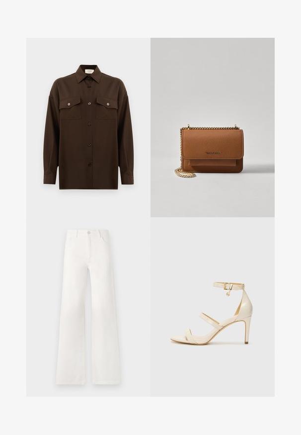 Tamsiai rudas ilgarankovis mygtukų marškiniai su dviem kišenėmis ant krūtinės ir klasikiniais apykakle, pristatomas prieš paprastą baltą foną.; Balsviesti, aukštu liemeniu plačiakelnės džinsinės kelnės. Jos turi mygtukų užsegimą, dvi priekinės kišenes ir siūlams su siuvinėtojais.; Šviesiai rudos aukštakulnės sagaus su plona kulkšnies juostele ir dviem viršutinėm juostelėm. Blizgus lakinės odos apdailos ir auksinė detalių apdaila ant kulkšnies juostelės.; Ruda tekstūruota odinė per petį nešama rankinė su auksiniu grandininiu dirželiu ir užlenkiamo užsegimo. Priekinėje pusėje yra logotipo detalė ir kišenė po užlenkimu.