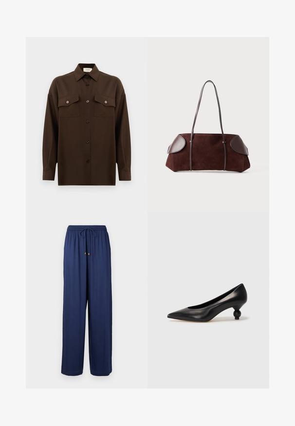 Dark brown long-sleeve button-up shirt with two flap chest pockets and a classic collar, displayed against a plain white background.; Navy blue wide-leg pants with an elastic waistband and drawstring, featuring gold metal accents at the drawstring ends. Soft fabric texture.; Black leather high heel shoe with a pointed toe and a round, balled heel. Smooth texture with a sleek, minimal design.; Brown suede bag with leather accents, structured shape, dual shoulder straps, and rounded edges, featuring a smooth texture and minimal hardware.