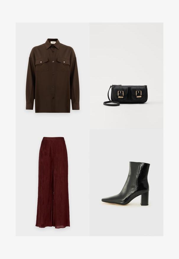 Chemise à manches longues brun foncé avec boutons, dotée de deux poches poitrine à rabat et d'un col classique, présentée sur un fond blanc uni.; Pantalons larges bordeaux en tissu texturé avec plis verticaux. Présentent une taille haute et une ourlet qui tombe à la cheville.; Bottines noires en cuir brillant avec un nez pointu et un talon large et carré. Présente une texture lisse et un design minimaliste.; Sac en cuir noir porté en travers avec deux poches avant, boucles dorées, fermeture zippée et une sangle fine. Surface texturée et forme rectangulaire compacte.