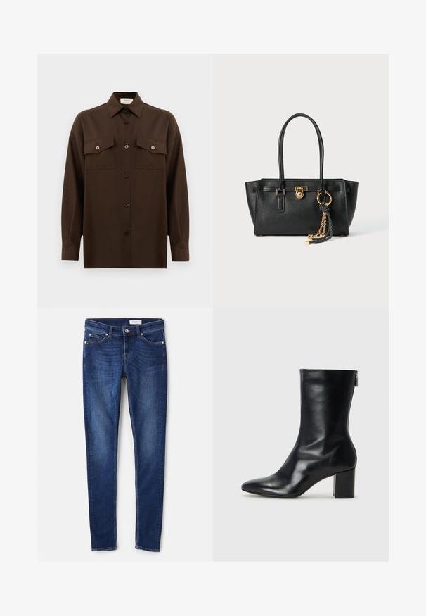 Sötétbarna, hosszú ujjú, gombos ing, két zsebével a mellén és klasszikus gallérral, egyszerű fehér háttér előtt bemutatva.; Sötét kék, slim fit farmernadrág, öt zsebbel és diszkrét varrási részletekkel. Simított felület klasszikus, egyenes szárú dizájnnal.; Fekete bőr bokacipő hegyes orral és 4 cm-es blokkfallal. Simán díszített designja oldalra nyíló cipzárral rendelkezik, ami megkönnyíti a felvételt. Simább textúrával.; Fekete bőr kézitáska dupla fogantyúkkal, aranyzárral és lánc részletekkel, fekete-fehér bojt kiegészítővel, fehér háttéren.