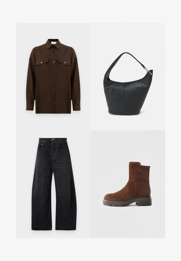 Dark brown long-sleeve button-up shirt with two flap chest pockets and a classic collar, displayed against a plain white background.; Citizens of Humanity HORSESHOE - Relaxed fit jeans - black; Brown suede ankle boot with elastic side panels, rounded toe, and a thick rubber sole featuring a textured tread pattern.; Black leather handbag with a rounded shape, a wide strap, and a textured finish. Features a subtle seam detail and a gold-tone hardware accent.