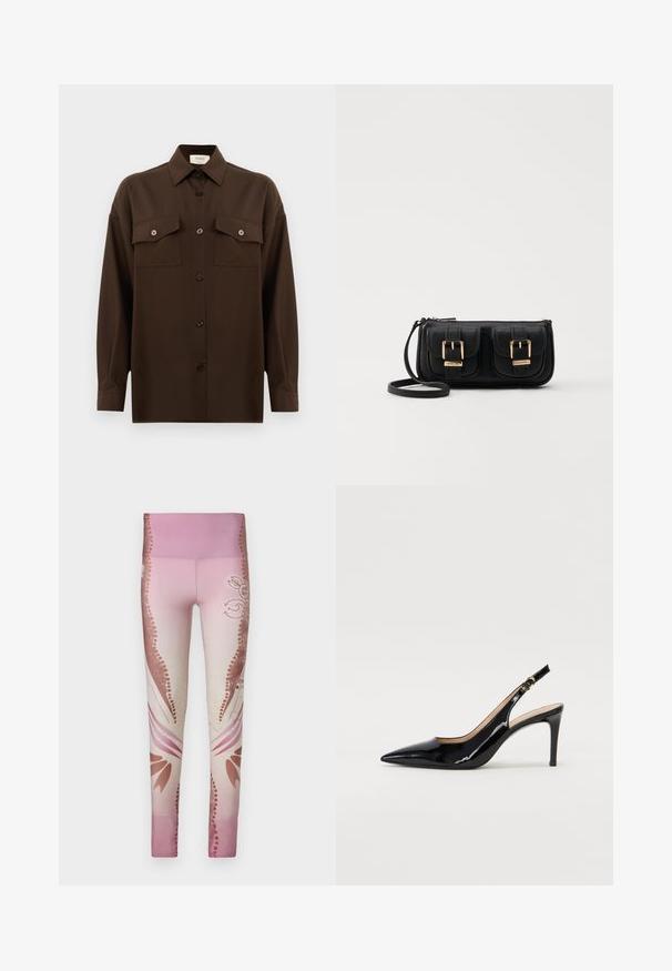 Donkerbruin langarm overhemd met knopen, voorzien van twee zakken met klep op de borst en een klassieke kraag, weergegeven tegen een effen witte achtergrond.; Roze leggings met een verloopdesign van licht naar donker, met bloemenpatronen en decoratieve accenten aan de zijkanten. Soepele textuur.; Zwarte gepatineerde leren slingback pump met een puntige neus, slanke hak en een subtiel uitgesneden ontwerp. Bevat een gouden gesp op de band.; Zwarte leren schoudertas met twee vo pockets, gouden gespen, ritsluiting en een smalle band. Tekstuur oppervlak en compacte rechthoekige vorm.