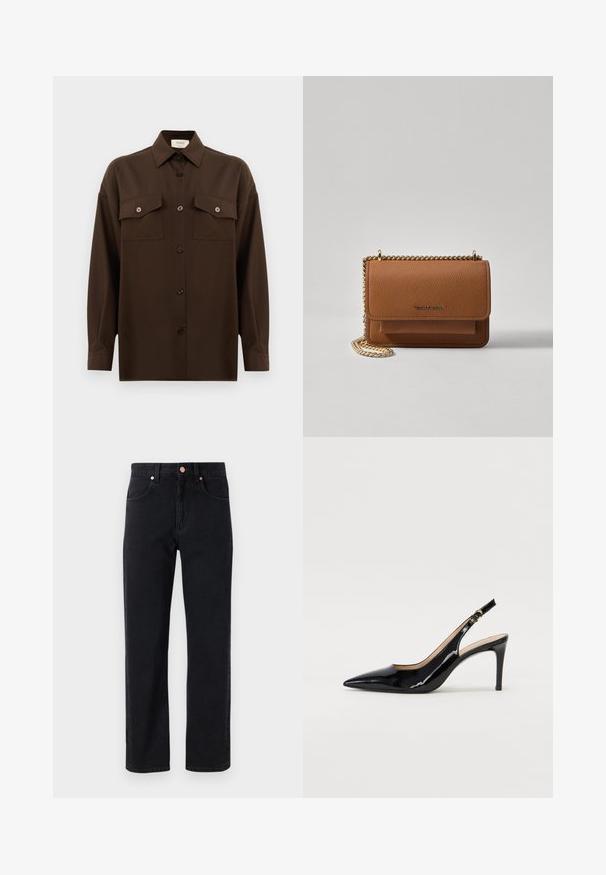 Tmavě hnědá košile s dlouhým rukávem a knoflíky, se dvěma kapsami na hrudi a klasickým límečkem, vystavená na čistém bílém pozadí.; Černé džíny z denimu se střihem rovného nohavice, pět kapsami, detaily z měděného knoflíku a minimálním viditelným švem.; Černé lakované slingback lodičky s špičatou špičkou, úzkým podpatkem a jemným výřezem. Obsahují zlatou sponu na řemínku.; Hnědá texturovaná kožená kabelka přes rameno se zlatým řetízkovým popruhem a klopnovým uzavíráním. Přední strana obsahuje detail loga a kapsu pod klopou.