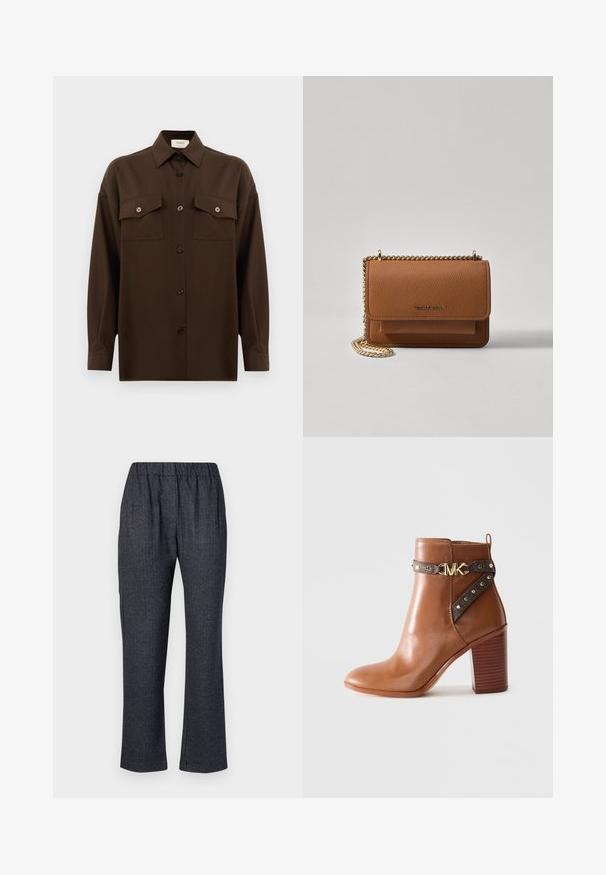 Donkerbruin langarm overhemd met knopen, voorzien van twee zakken met klep op de borst en een klassieke kraag, weergegeven tegen een effen witte achtergrond.; Weekend Max Mara CORDOBA - Broek - blu; Bruine leren enkellaars met een gestapelde blokhak, zijriem met gouden studs en een gouden "MK" logo gesp.; Bruine lederen schoudertas met textuur, voorzien van een gouden kettingstrap en klepsluiting. De voorkant heeft een logo-detail en een zak onder de klep.