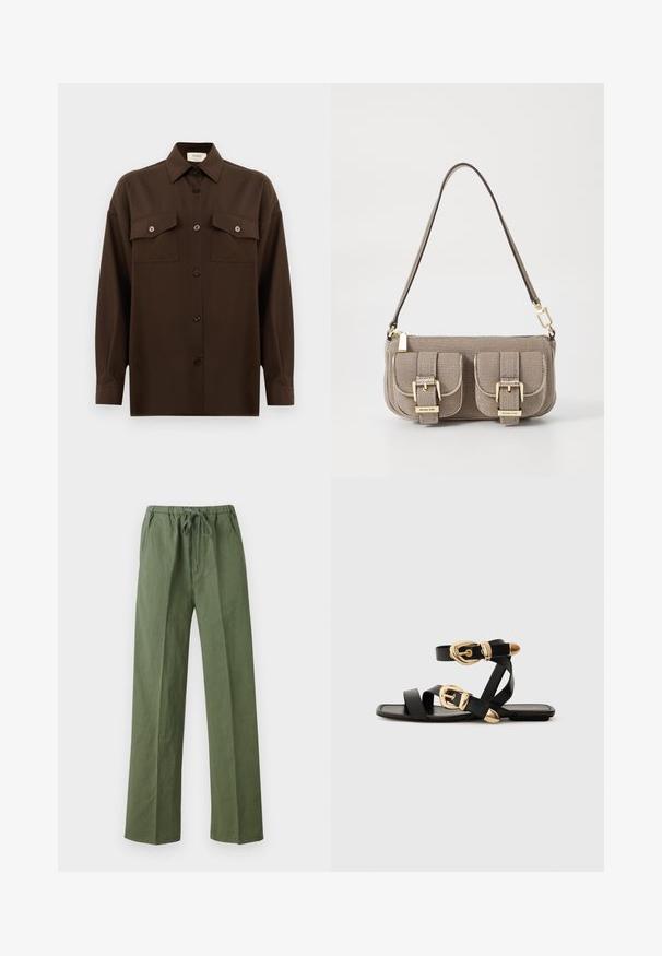 Dark brown long-sleeve button-up shirt with two flap chest pockets and a classic collar, displayed against a plain white background.; Green, loose-fitting pants made of lightweight material, featuring an elastic waistband with a drawstring and side pockets.; Black leather sandals with gold buckle accents, featuring multiple straps and a flat sole design for open-toe wear.; Beige textured handbag with adjustable strap, two front pockets secured by buckles, and gold hardware accents. Zipper closure at the top.