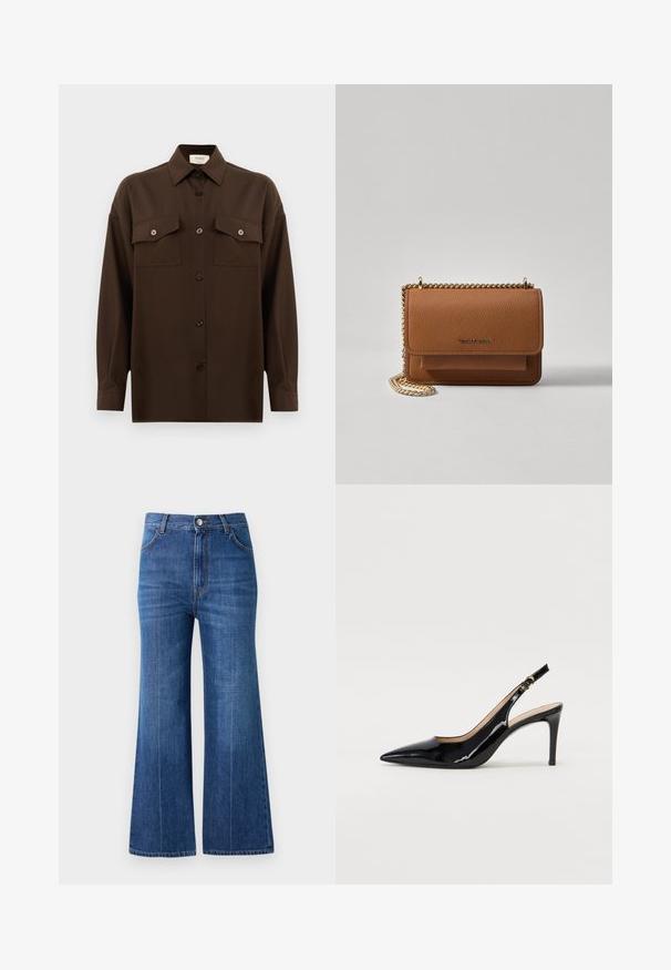 Tamsiai rudas ilgarankovis mygtukų marškiniai su dviem kišenėmis ant krūtinės ir klasikiniais apykakle, pristatomas prieš paprastą baltą foną.; Plati kojos džinsai tamsiai mėlynos spalvos džinsinio audinio, su aukštu liemeniu, subtiliais nudėjimais ir klasika penkių kišenių dizainu. Siūti kontrastingomis siūlėmis.; Juodas lakinės odos slingback batelis su smailiu nosiu, plonu kulnu ir subtiliu išpjovos dizainu. Yra auksinė sagtis ant dirželio.; Ruda tekstūruota odinė per petį nešama rankinė su auksiniu grandininiu dirželiu ir užlenkiamo užsegimo. Priekinėje pusėje yra logotipo detalė ir kišenė po užlenkimu.