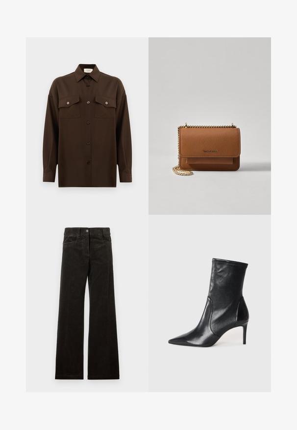 Donkerbruin langarm overhemd met knopen, voorzien van twee zakken met klep op de borst en een klassieke kraag, weergegeven tegen een effen witte achtergrond.; Zwarte corduroy wijde broek met voorzakken, een knoopsluiting en verticale ribbels. Glad materiaal met een subtiele glans.; Zwarte enkelboots van soepel leer, met een spitse neus, een aangesloten schacht en een slanke hoge hak. Minimalistisch ontwerp zonder zichtbare hardware.; Bruine lederen schoudertas met textuur, voorzien van een gouden kettingstrap en klepsluiting. De voorkant heeft een logo-detail en een zak onder de klep.